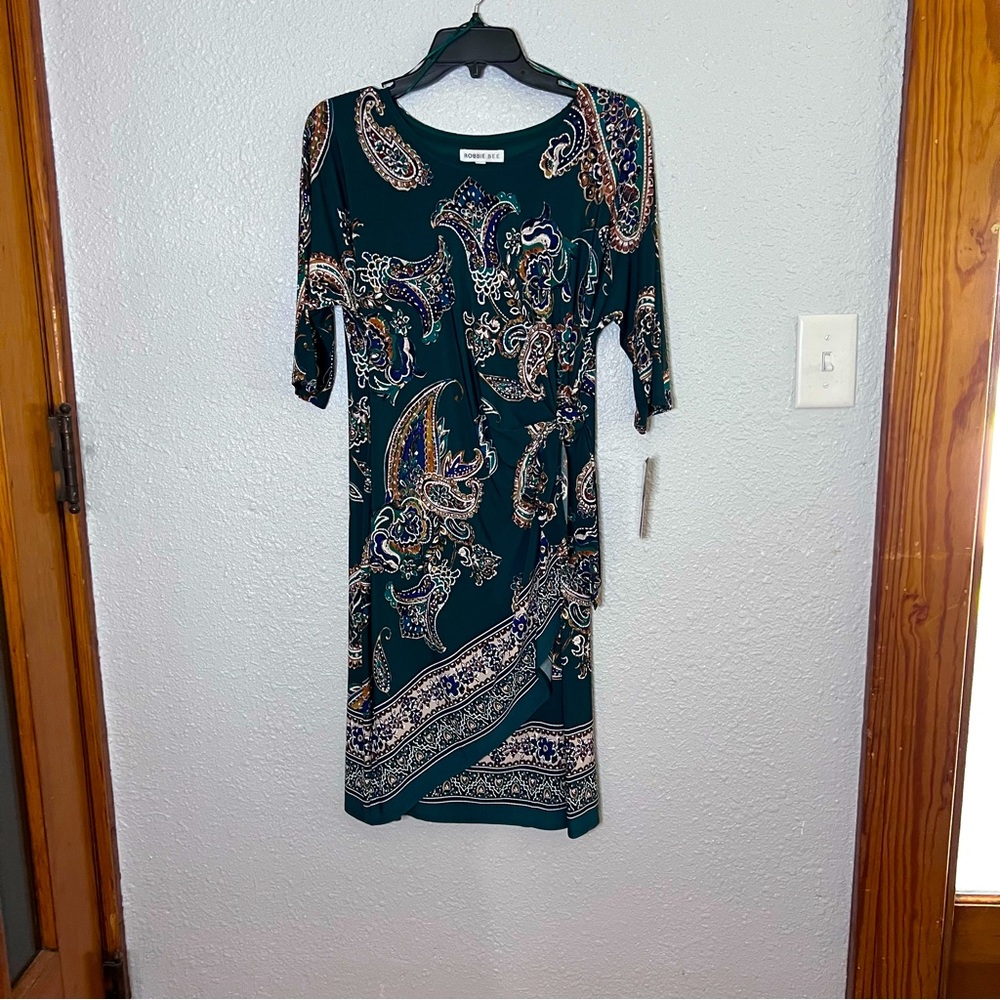 Robbie Bee hunter Green and Deep Purple Sheath Midi Dress 3/4 Sleeve